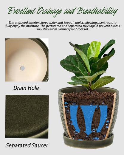 Swkien Plant Pots, Flower Pots, Planters for Indoor Plants(6.5+5.5inch), Flower Pots for Indoor Plant with Drainage Hole and Saucer, Ceramic Pots for Plants with Hole Mesh Pad,Reactive Glaze Green
