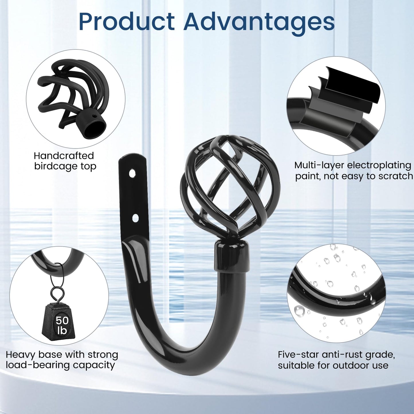 HIKMLK 2pcs Piano Black Metal Curtain Tiebacks - High-Gloss Solid Cast Iron Geometric Holdbacks & Side Holders, Luxury Pull Back Holders for Drapes Window Home Decor