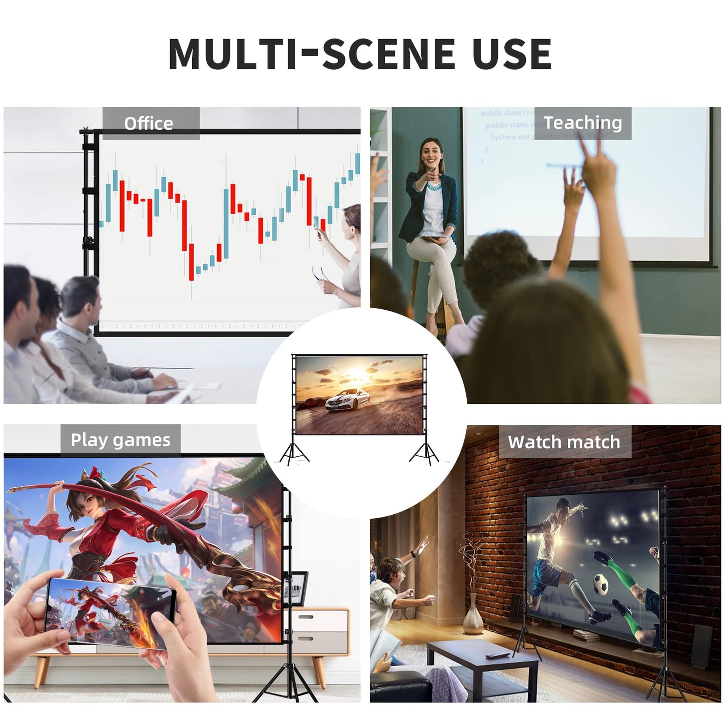 TOWOND Projector Screen and Stand, 150 inch Indoor Outdoor Projection Screen, Portable 16:9 4K HD Rear Front Movie Screen with Carry Bag Wrinkle-Free Design for Home Theater Backyard Cinema