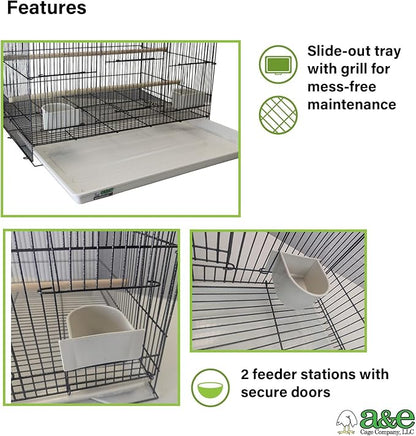 A&E Cage Co 503 Flight Cage – 24"x16"x16" Small Bird Cage with Slide-Out Tray, Wood Perch, Dual Feeding Stations & Carry Handle – Black Powder Coated Cage for Finches, Canaries & Small Birds