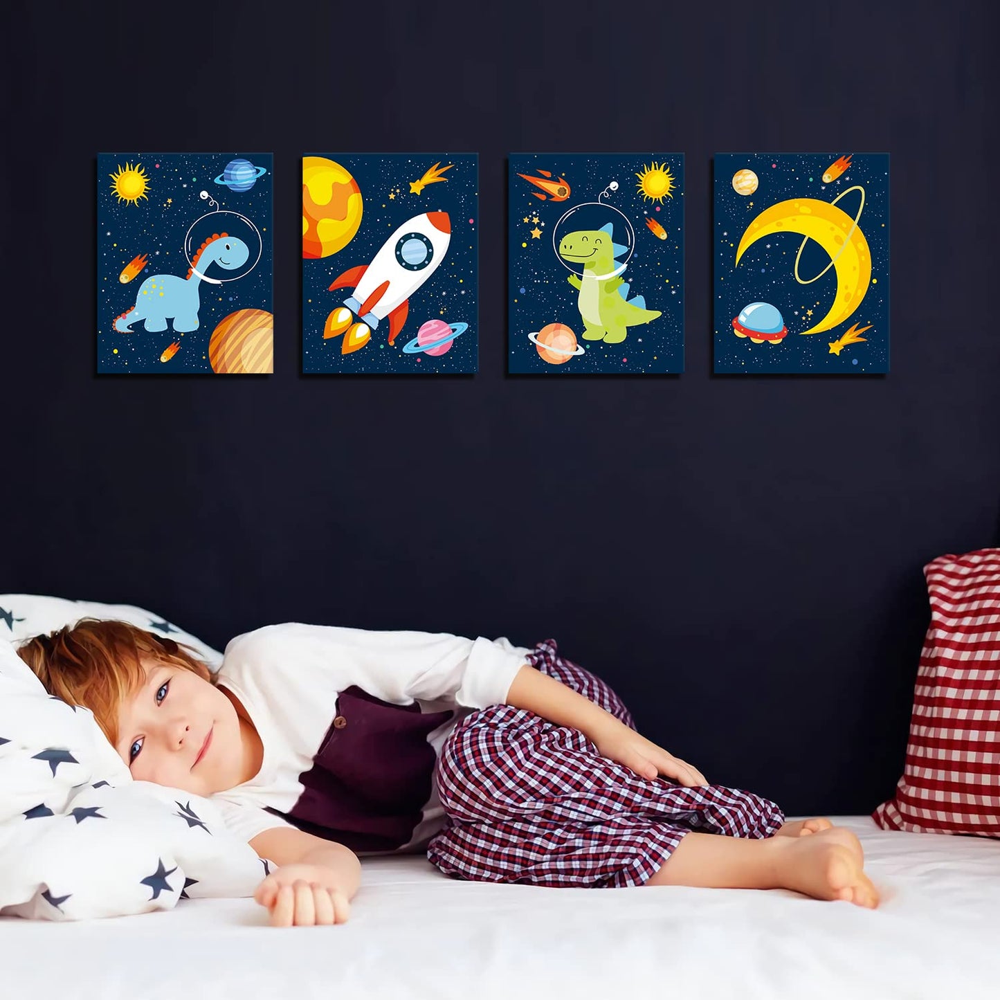 KAIRNE Outer Space Dinosaur Room Decor,Solar System Stars Wall Canvas Poster,Set Of 4 (8X10inch,framed) Planet Astronaut Art Print,Rocket Decor for Boys Room Toddler Kids Room Classroom Space Decor