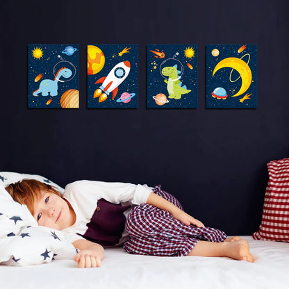 KAIRNE Outer Space Dinosaur Room Decor,Solar System Stars Wall Canvas Poster,Set Of 4 (8X10inch,framed) Planet Astronaut Art Print,Rocket Decor for Boys Room Toddler Kids Room Classroom Space Decor