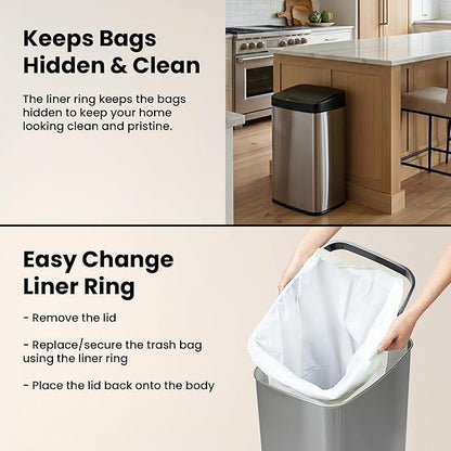 Ninestars 13 Gallon Automatic Trash Can, 50L Touchless Motion Sensor Garbage Can with Odor-Sealing Lid, Rectangular Stainless Steel, Black Trim