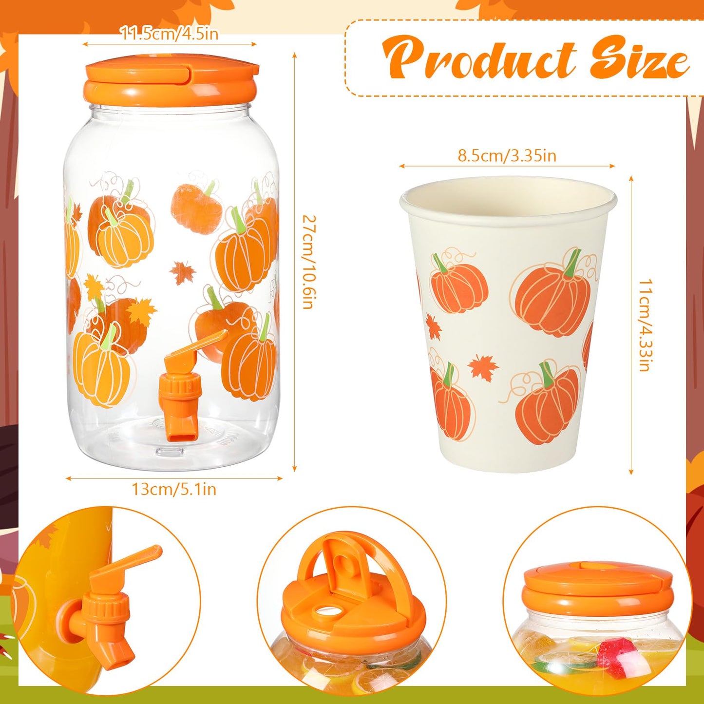Umigy 1 Gallon Fall Pumpkin Plastic Drink Dispenser with 20 Pcs 12 oz Paper Cups Thanksgiving Harvest Kitchen Decoration Beverage Water Dispenser with Spigot for Juice Beer Autumn Party Supplies