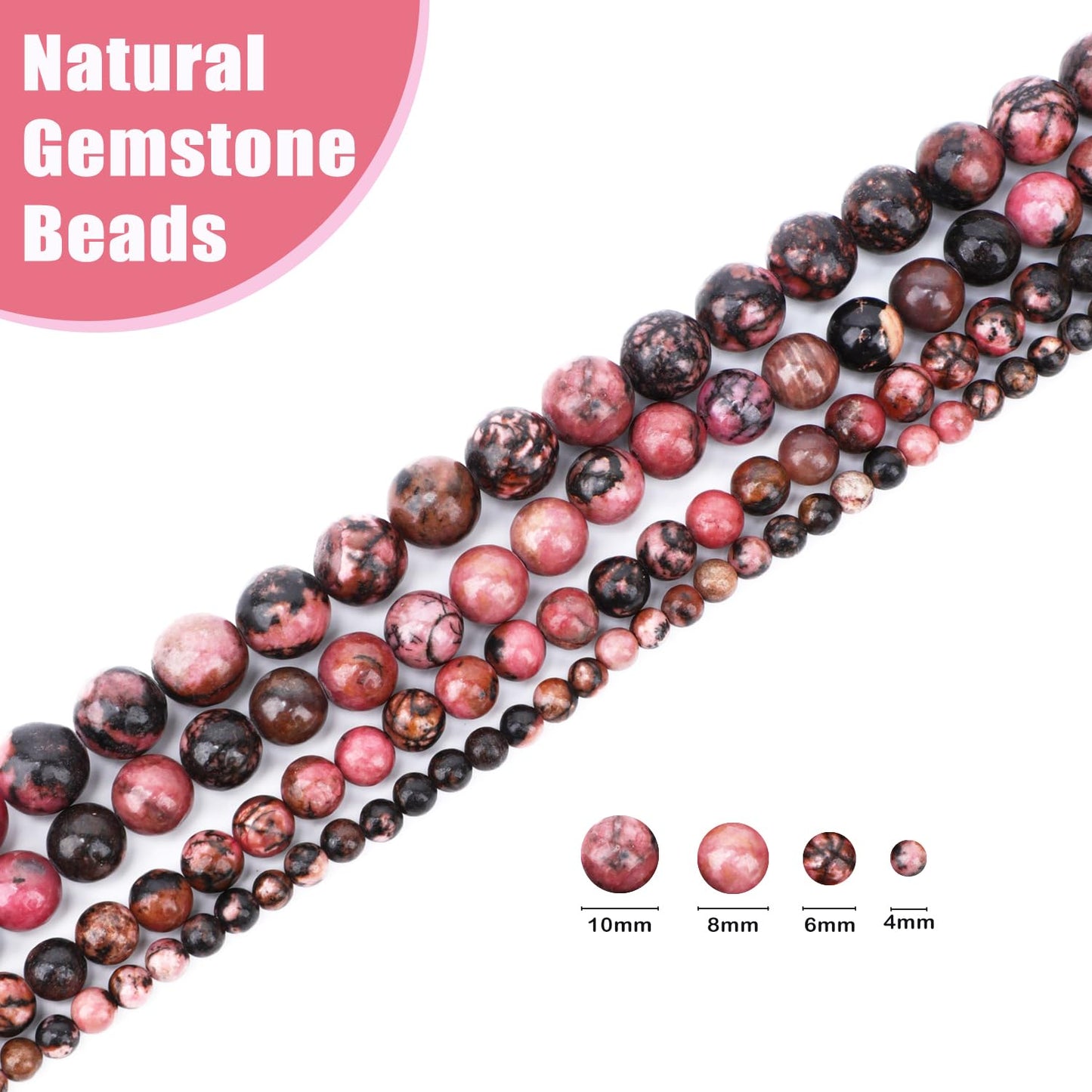 CMBYN Natural Stone Beads Round Genuine Real Stone Beading Strand Loose Gemstones DIY Smooth Bead for Bracelet Necklace Earrings Jewelry Making (Pink Black Rhodonite, 8mm 45 Pieces)