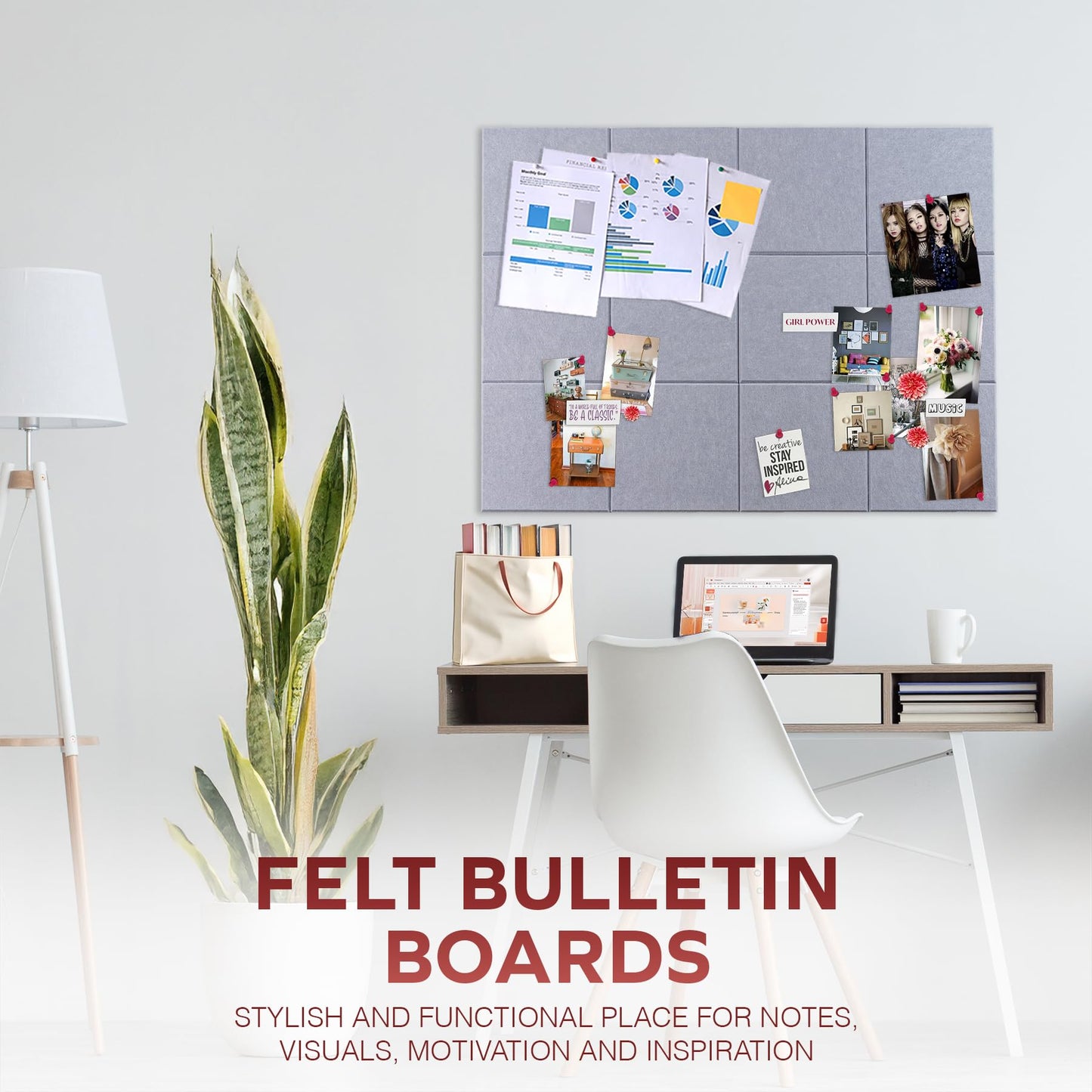 Bulletin Board 40x30in, 12 Count 9.8 x 9.8in Felt Wall Tiles with Removable Adhesive Tape, Cork Board Alternative for Walls, Wall Decor, Kids Art Display, Kids Room (Classic Gray Collection)