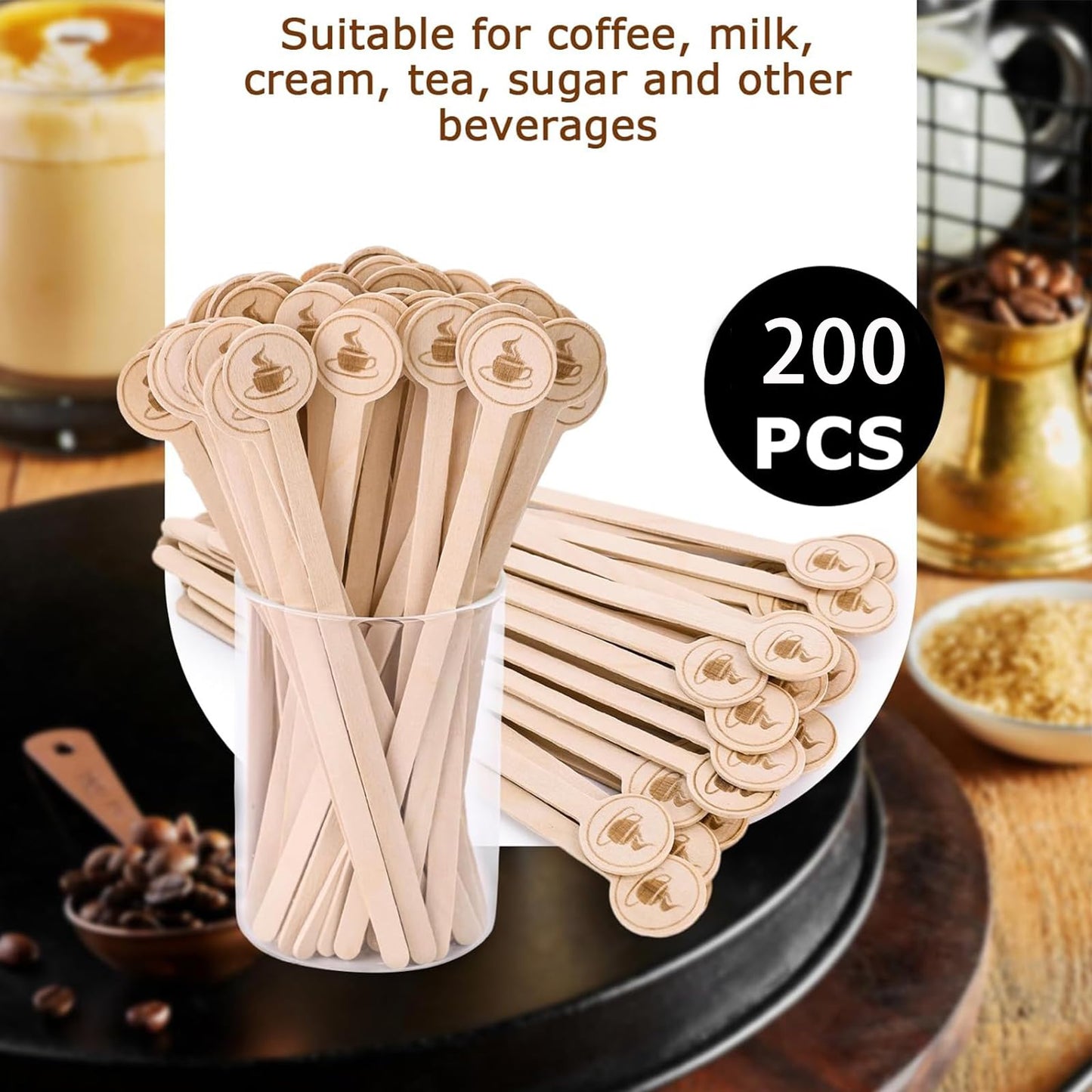 HLSN 200Pcs Coffee Stirrers- 5.9 Inch Natural Wooden Coffee Stirrers With Round Ends, Disposable Biodegradable Cafe Grade Coffee Stir Sticks Wood Beverage Mixer for Coffee Cocktails Milk Tea