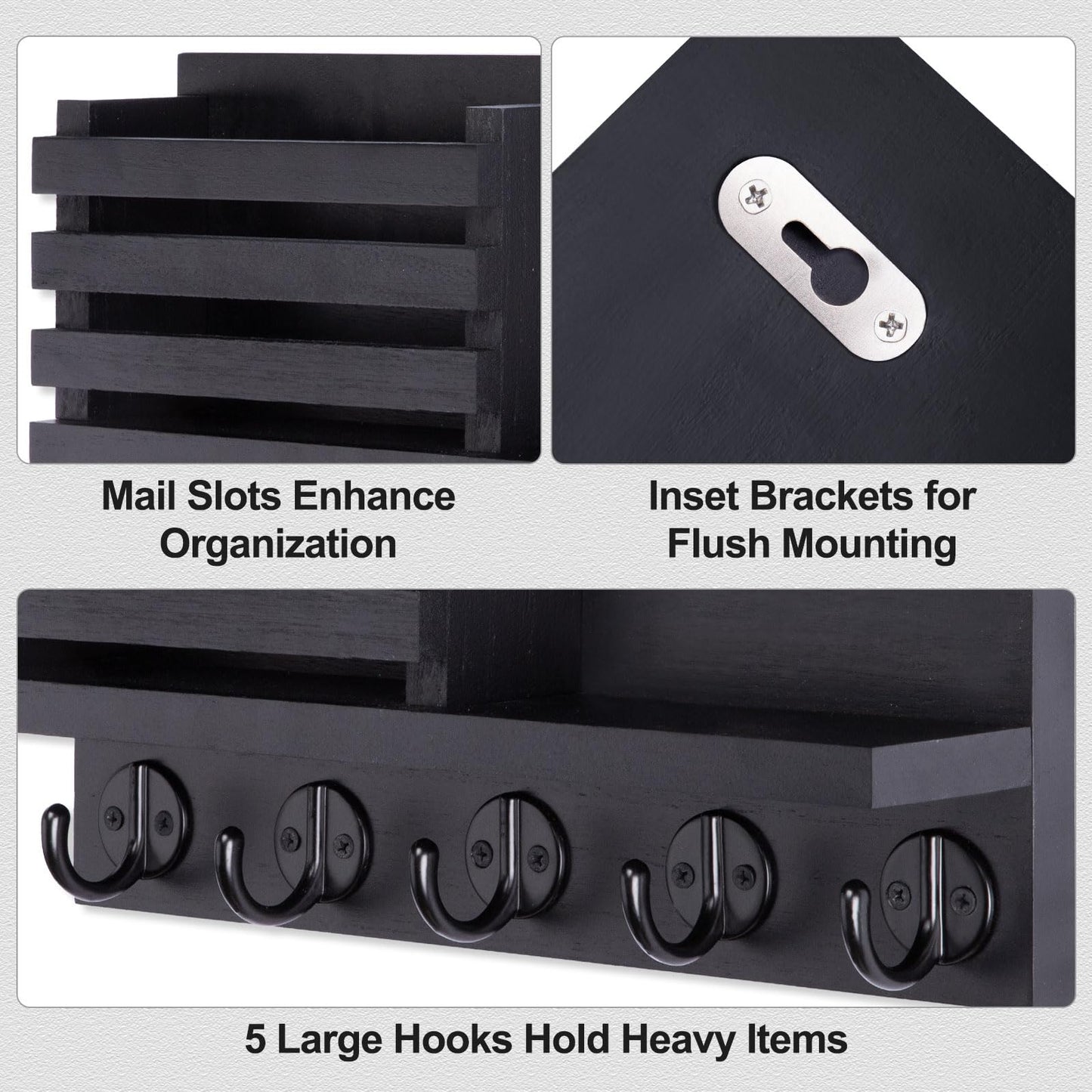 Lwenki Key Holder for Wall – Decorative Wooden Mail Holder and Key Shelf with Mounting Hardware, Installation Guide – Paulownia Wood with Metal Key Hooks (Black, Large - 11.8inch)