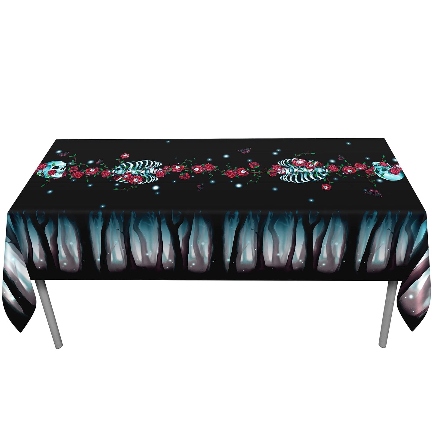 Cheerland Halloween Gothic Tablecloth Rose Skull Table Cloth Rose Skeleton Fabric Table Cover Black and Red Design for Halloween Weddings Summerween Birthday and Party Decor Supplies