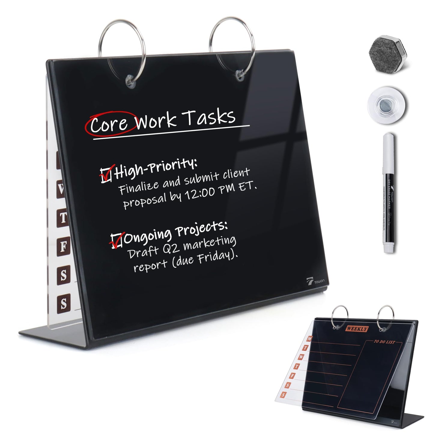 Desktop Glass Dry Erase & Acrylic Aesthetic Desk Calendar Weekly to-do List Combo, Small Magnetic Standing Whiteboard, Desk Flip Easel Calendar with Accessories for Home Office Supply, Black, 9 x 7''