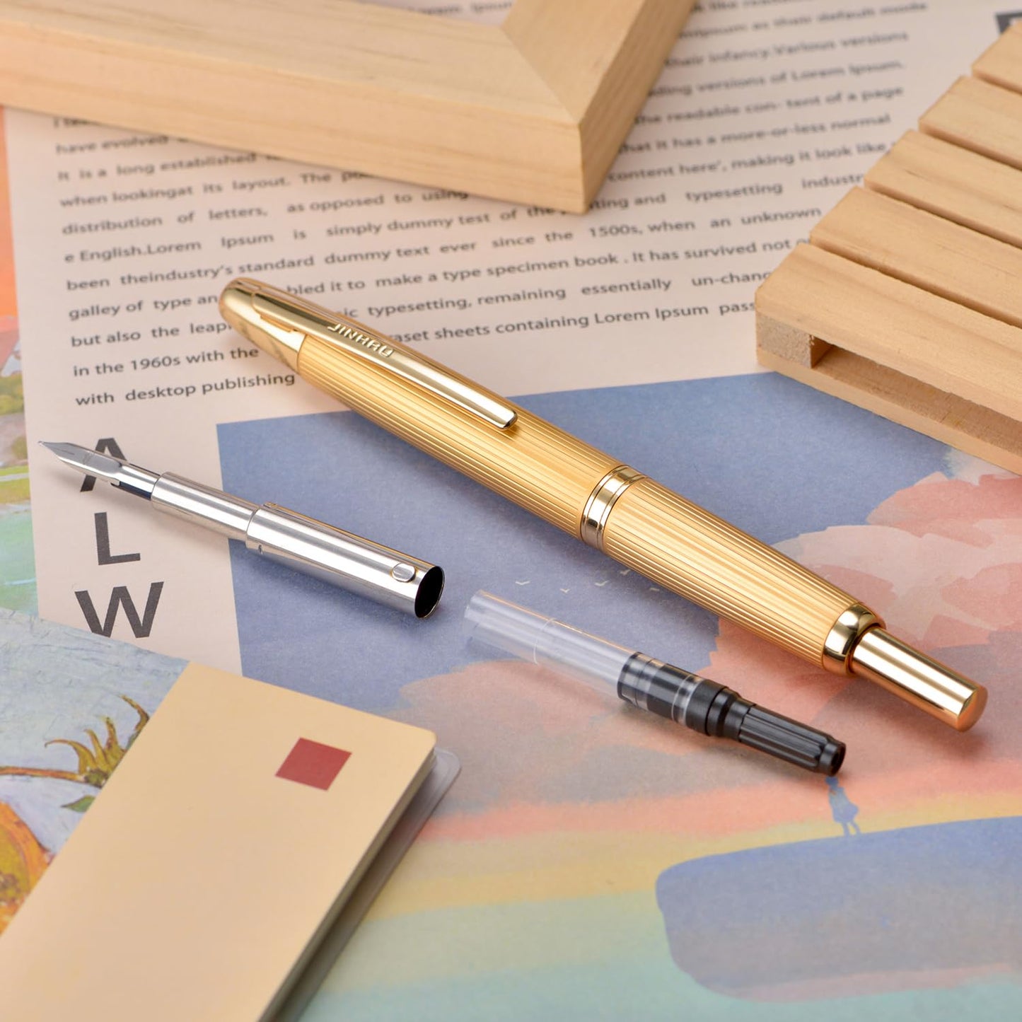 Jinhao 10 Press Fountain Pen with Box, Brushed Matt Gold Retractable Extra Fine Nib with Ink Converter Set (Golden Clip)