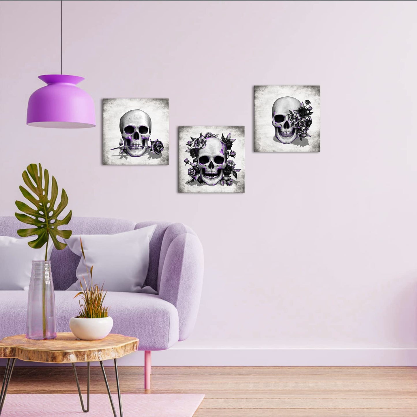 Artsbay Grey Skeleton Wall Art Skull and Rose Pictures Paintings Rustic Gothic Home Decor for Living Room Bedroom Bathroom 12" x 12" x 3PCS