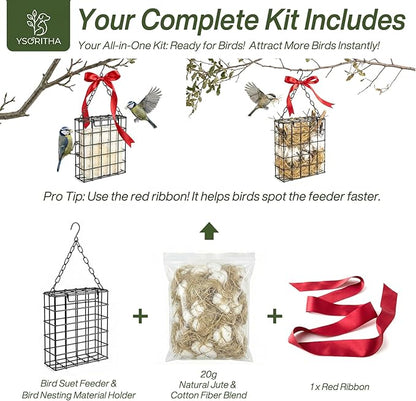 Bird Nesting Material Holder, Pet Fur Bird Nest Holder, with Jute Fiber & Red Ribbon to Attract Wild Birds, Reusable Bird Nesting Holder for Nest Building