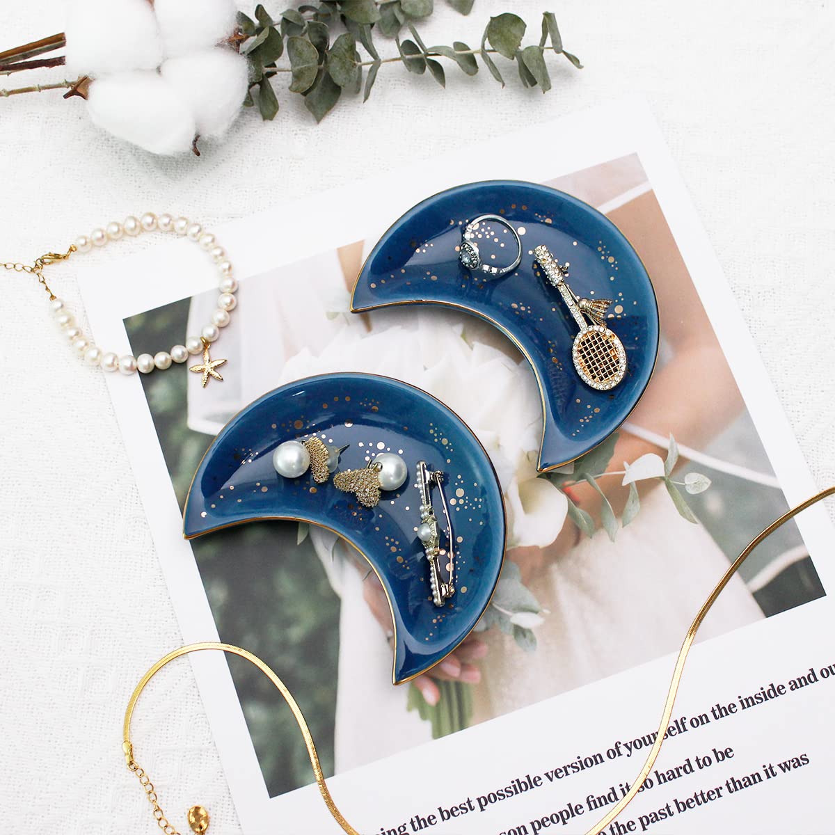 Soddeph Small Moon Ceramic Jewelry Tray, Decorative Trinket Dish, Ring Holder Plate, Modern Accent Tray for Bathroom, Nightstand, Entryway Table, Vanity (2, Blue)