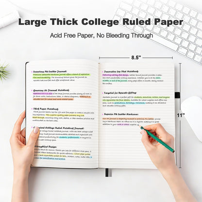 College Ruled Notebook, A4 Softcover Leather Notebook for Work, Lined Notebook Journal for Women, Men, 192 Thick Paper, Lay Flat, Large Notebook with 2 Pockets, Professional Business Notebook, Black