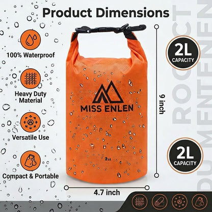MISS ENLEN Waterproof Dry Bag 500D PVC Roll Top Dry Sack with 3 Carrying Ways, Lightweight Waterproof Bag for Kayaking, Swimming, Boating, Paddle Boarding, Hiking, Beach (Orange, 2L)