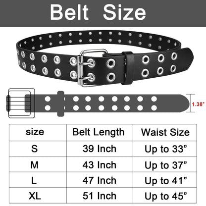 Grommet Leather Belts for Women, Black Belt Women Men - Double Studded Holes-Fit for waist up to 45''