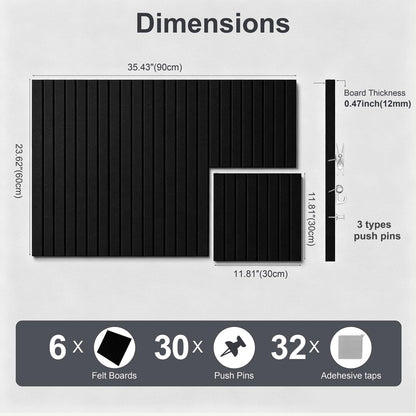 G Gamit 0.47" Thick Felt Pin Board 36"x24" Large Cork Board Alternative 6 Pack 11.81"x11.81"Felt Bulletin Board Wall Tiles Notice Board with 30 Pushpins for Home Office School(Fine-Black)