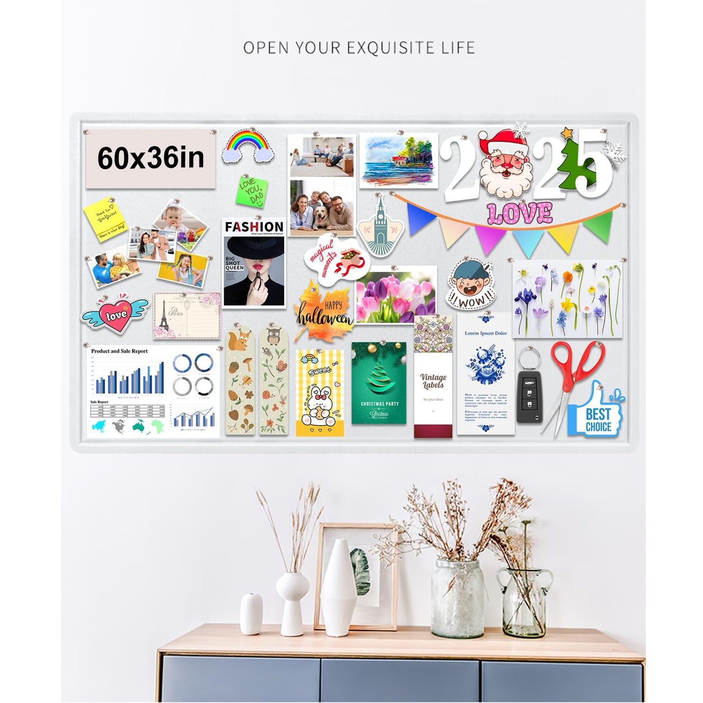 Large Bulletin Board, Foldable 60x36 Inches Cork Board Alternative, Large Felt Board Decorative Pin Board for Wall, Foldable Photo Board Self-Adhesive Vision Board with 36 Pushpins White