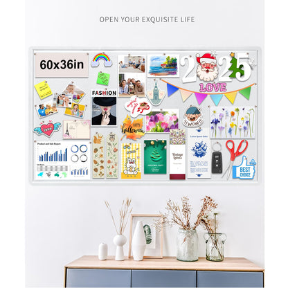 Large Bulletin Board, Foldable 60x36 Inches Cork Board Alternative, Large Felt Board Decorative Pin Board for Wall, Foldable Photo Board Self-Adhesive Vision Board with 36 Pushpins White