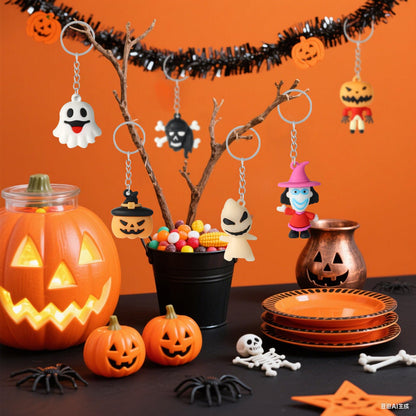 Becfupo 24 Pcs Halloween Cute Keychains Bulk, Ghost Pumpkin Bat Shaped Rubber Ornaments With Keyrings For Halloween Party Supplies, Classroom Giveaways