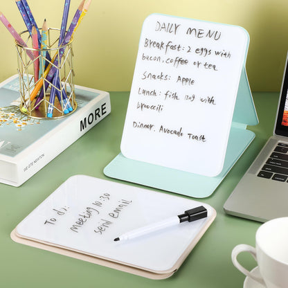 Dunzoom 2 Sets 4 Pcs Small Glass Desktop Whiteboard with Reversable Stand 8x6 Inch Mini Dry Erase White Board Easel with 2 Markers Reusable Desk Notepad for Home Office School Supplies (Pink,Green)