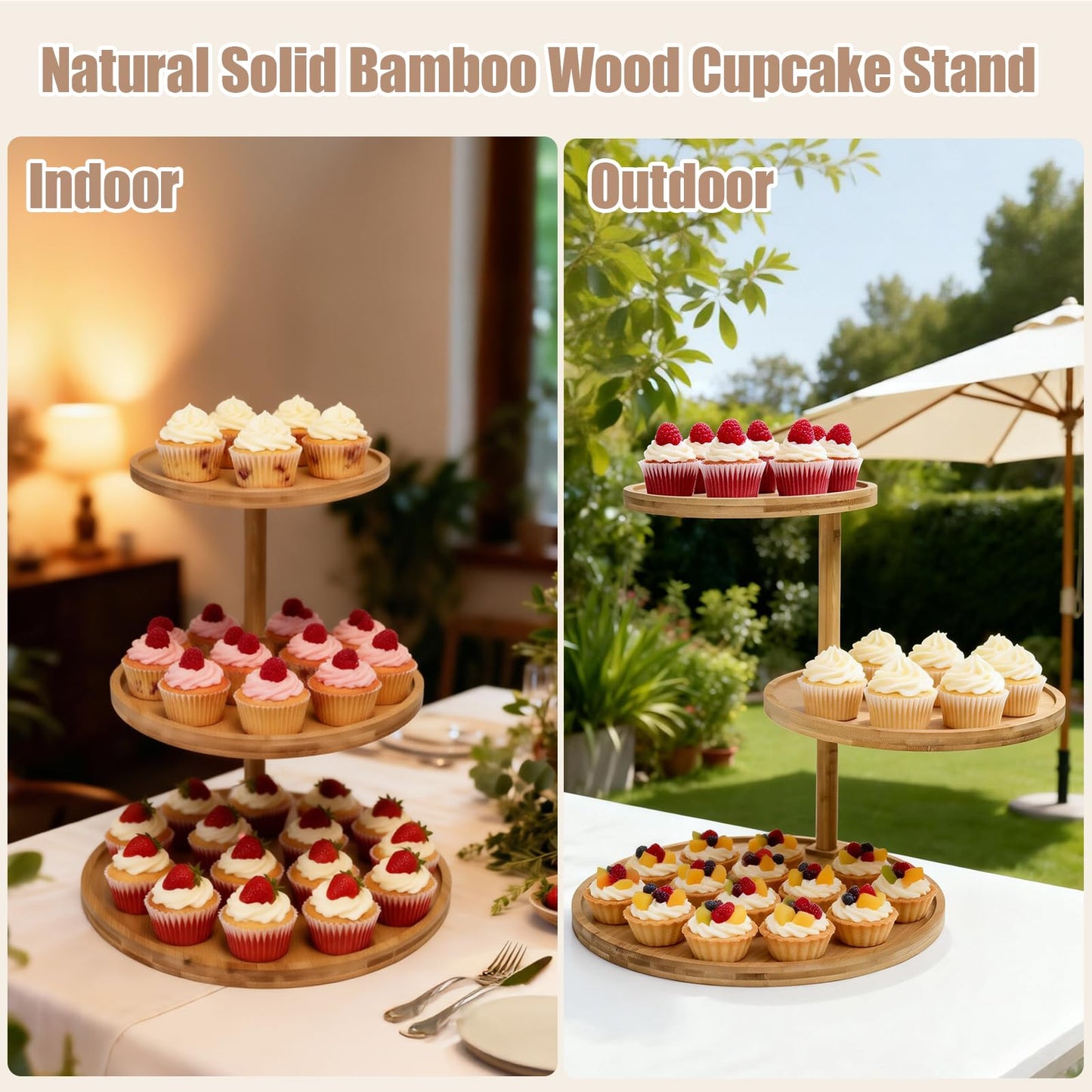 Cupcake Stand, Wood Cake Stand, Cupcake Display Stand, Wedding Cake Stands, Rotatable Bamboo Cupcake Stands for Party, 3 Tier Cupcake Stand, Cup Cake Tower Stand for Birthday Party Decoration