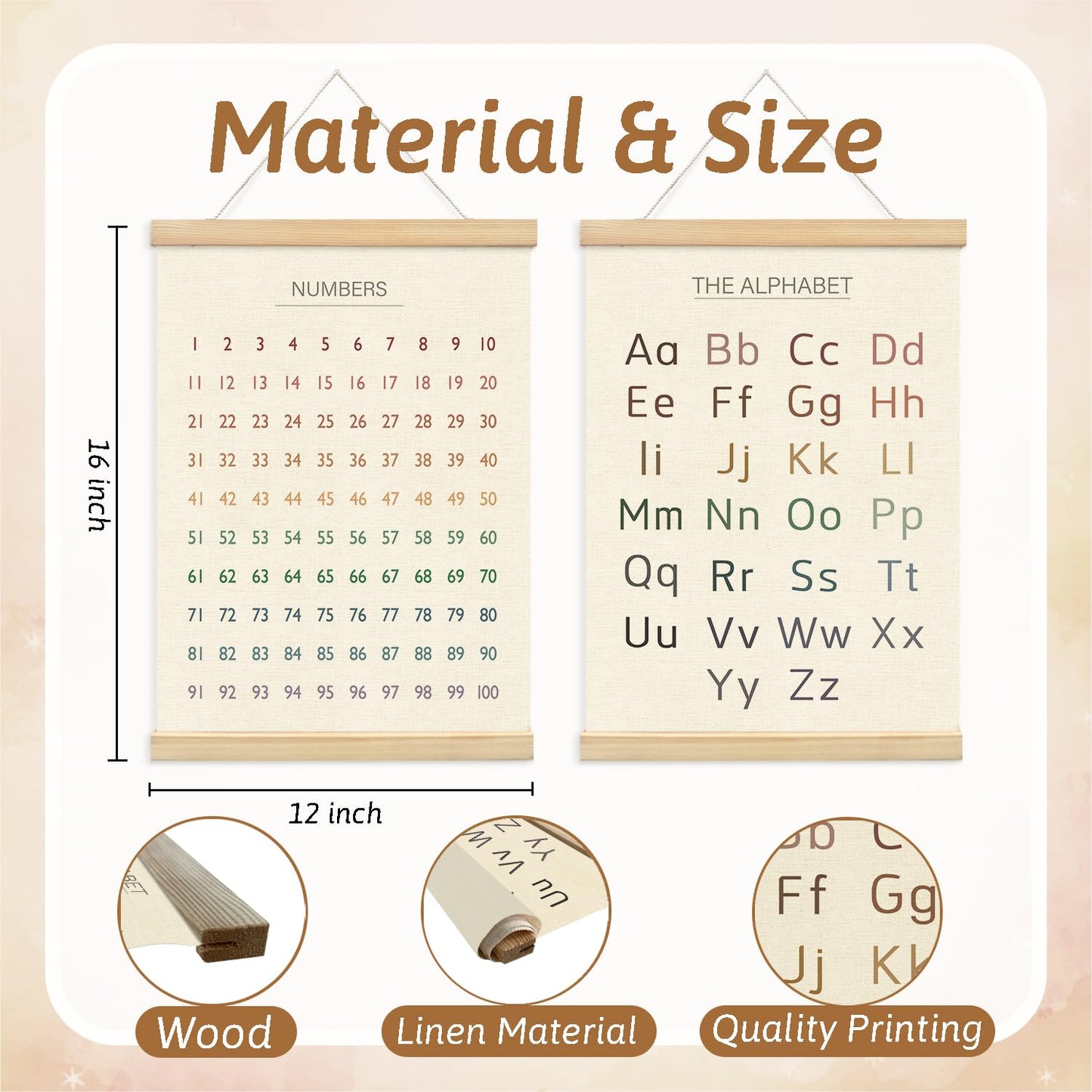 Lacama Educational Charts & Posters Hanger Frame - Homeschool Supplies，ABCs 123s Kids Learning Educational Gift for Toddler Ages 2 3 4 5，Alphabet Poster For Toddlers，1-100 Number Chart