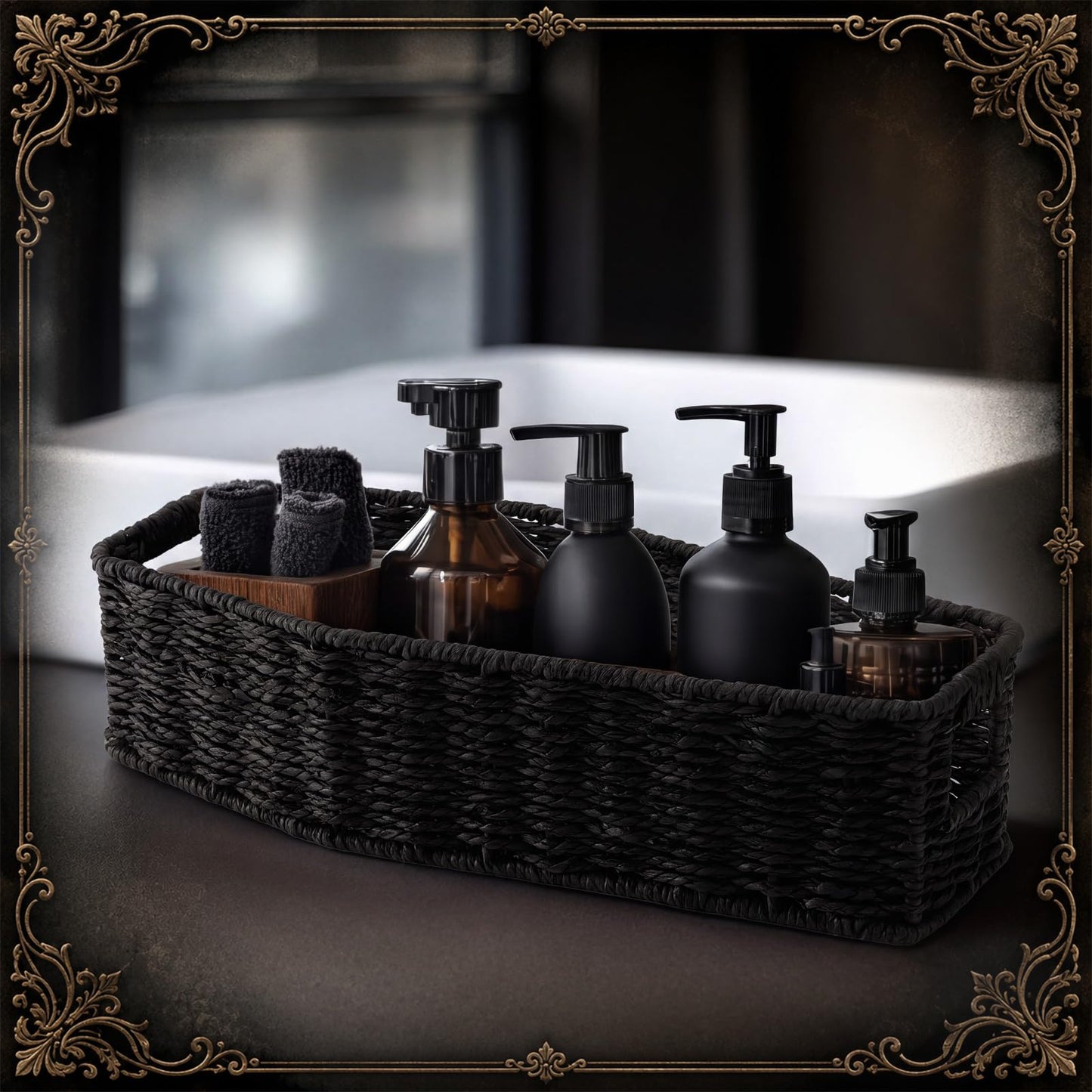 Qinyoung Gothic Storage Basket for Bathroom Rustic Black Woven Paper Rope Organizer Halloween Shape Decorative Tray for Cosmetics Keys Jewelry Gothic Home Decor(Coffin)