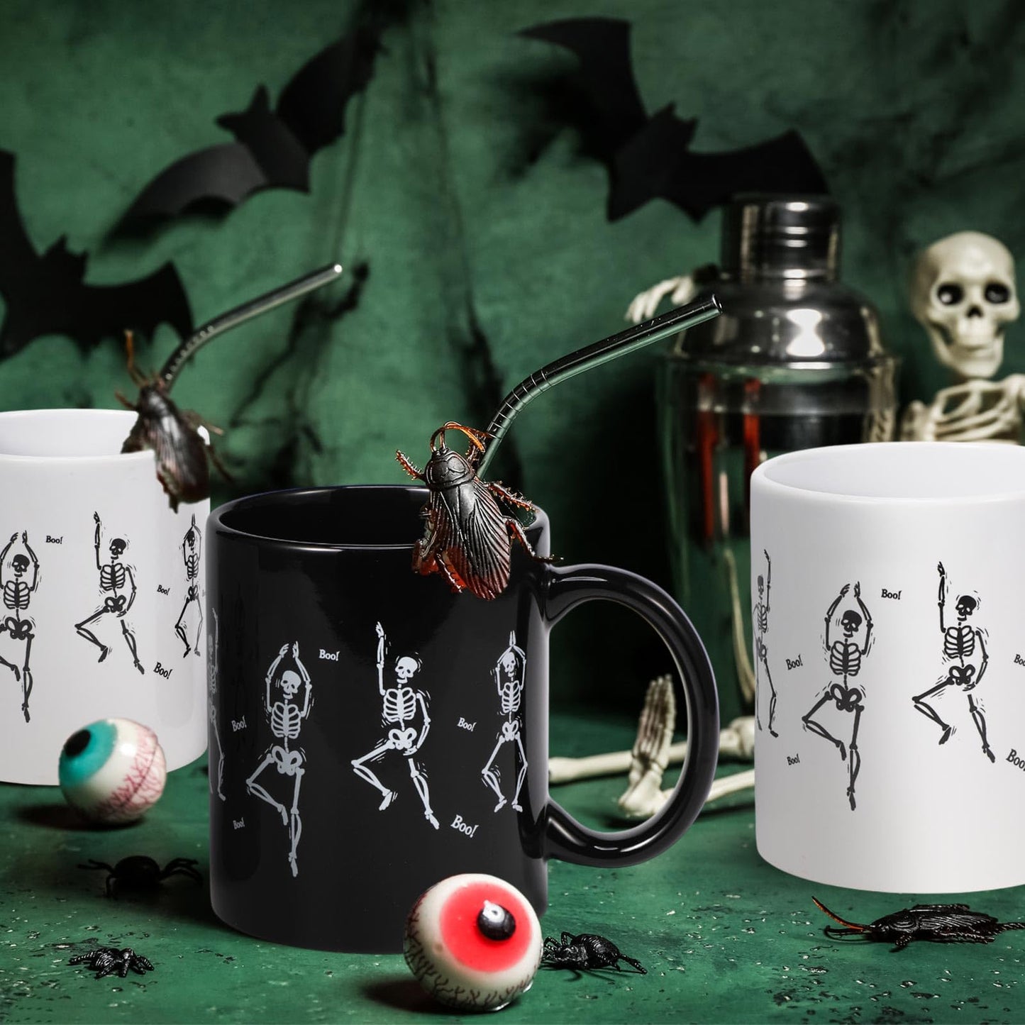 Sliner 6 Pcs Halloween Mugs Bulk 11oz Skull Coffee Mugs Skeleton Themed Designs, Cute and Spooky Coffee Cups for Fall Halloween Party Home Decorations