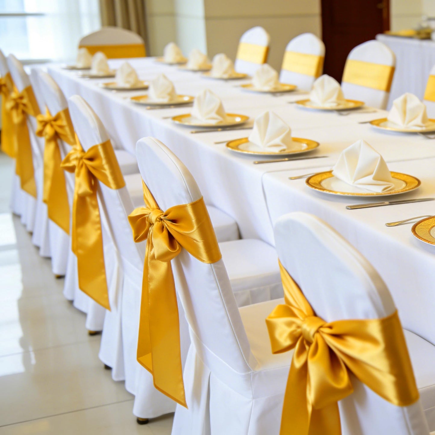 Hodoee 50 PCS Gold Satin Chair Sashes Bows Universal Chair Ribbon Ties Back Sash for Wedding Party Banquets Event Chair Cover Decoration(Gold, 7x108 inch)