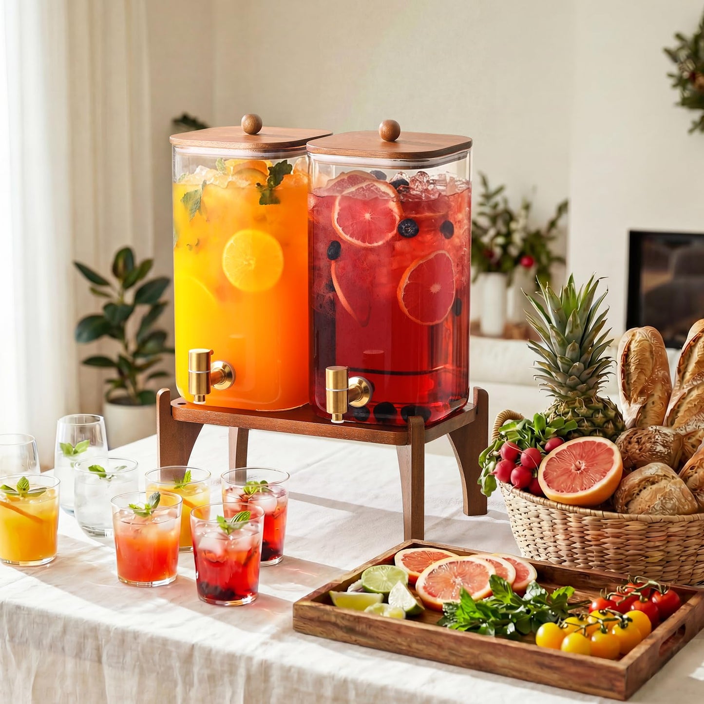 2 Pack 1.5 Gallon Square Glass Drink Dispenser with Wooden Stand & Lid, Large Beverage Dispenser with Stainless Steel Spigot, Juice & Lemonade Dispenser for Parties, Iced Tea, Water, Space-Saving