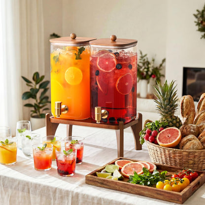 2 Pack 1.5 Gallon Square Glass Drink Dispenser with Wooden Stand & Lid, Large Beverage Dispenser with Stainless Steel Spigot, Juice & Lemonade Dispenser for Parties, Iced Tea, Water, Space-Saving