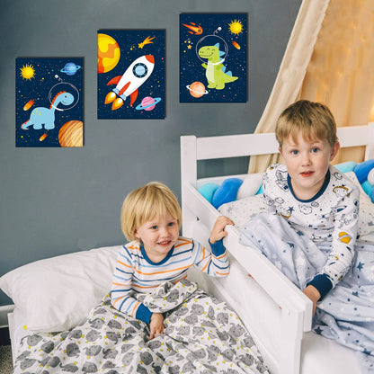KAIRNE Outer Space Dinosaur Room Decor,Solar System Stars Wall Canvas Poster,Set Of 4 (8X10inch,framed) Planet Astronaut Art Print,Rocket Decor for Boys Room Toddler Kids Room Classroom Space Decor