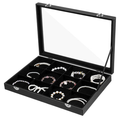 12 Grid Stackable Bracelet Holder Organizer Box for Drawer Tray, Velvet Jewelry Organizer Box Bracelet Display Jewelry Trays with Transparent Glass Lid Bangle Necklace Ring Holder Case for Selling