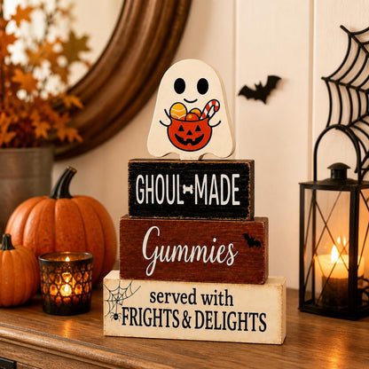 Halloween Tiered Tray Decor, Halloween Wood Block Signs with Cute Ghost and Candy Bucket, Rustic Farmhouse Halloween Decor Indoor, Halloween Tabletop Decorations for Shelf Mantel Coffee Entryway