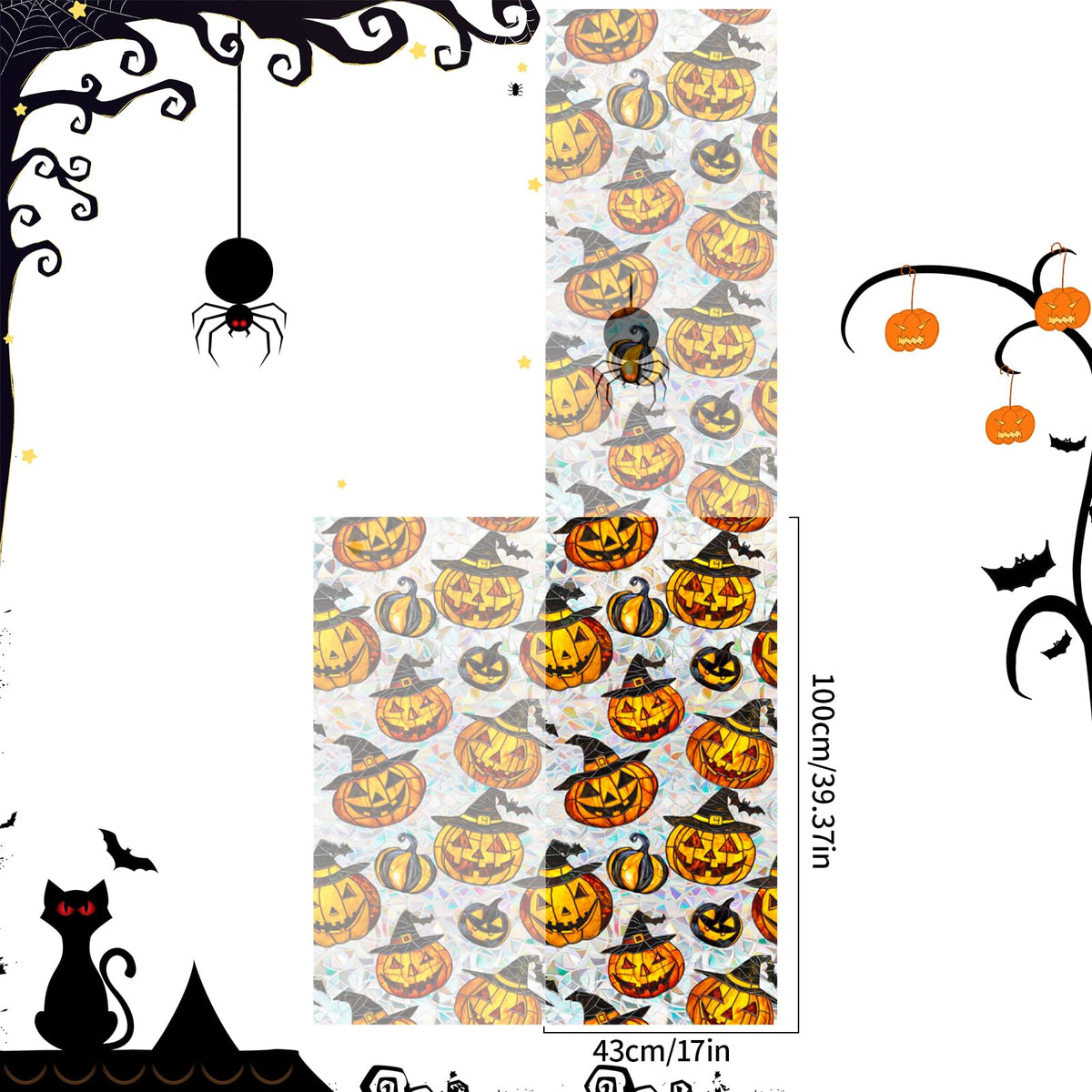 Bloss Halloween Window Clings,Stained Glass Windows Film,Pumpkin Glass Fall Windows Clings, 3D Decorative Privacy Films,Cute Halloween/Thanksgiving Window Stickers for Home Decor, 17x39.4Inch