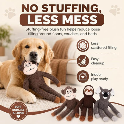 No Stuffing Dog Toys, 3-Pack Squeaky Crinkle Set | 3-pack stuffing-free plush dog toys with squeakers and crinkle sound for supervised indoor play, fetch, tug, and teething