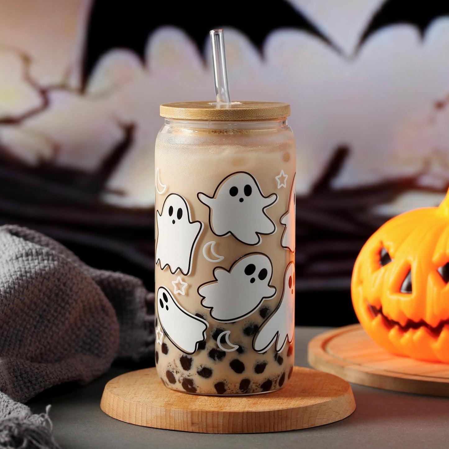 KMCCUMBER Halloween Ghost Fall Glass Cup with Lids and Straws, 16 oz Ghost Fall Mug, Iced Coffee Glass Tumbler, Spooky Glass Cups, Goth Spooky Gifts for Her, Halloween Gifts for Women Teens
