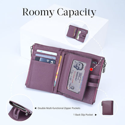 Bveyzi Small Soft Leather Wallet for Women RFID Blocking Ladies Card Holder with Double Zipper Pocket (Deep Plum)