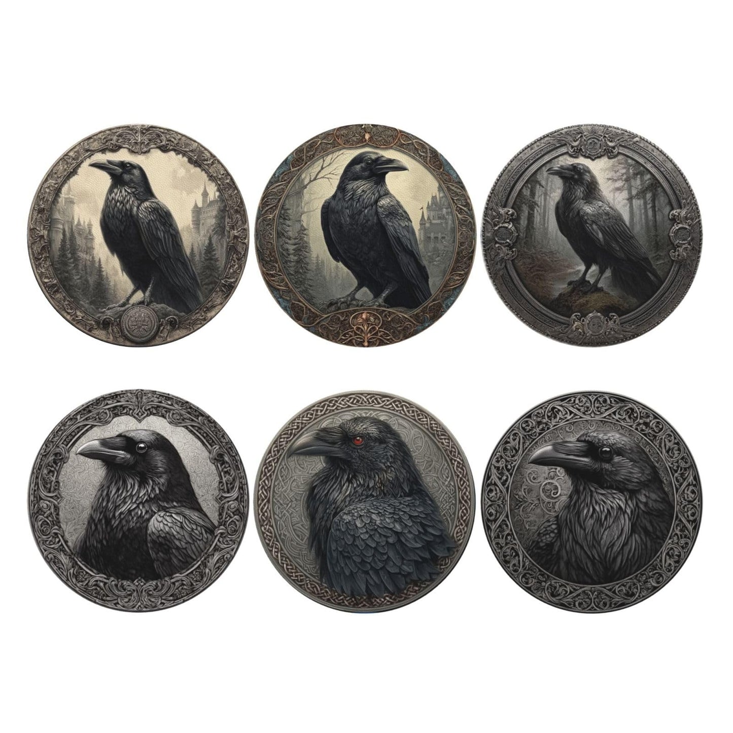 sunwarshile Raven Coasters for Drinks with Holder Round Leather Coasters Set of 6 Cups Mugs Mat Pad for Home Kitchen Bar