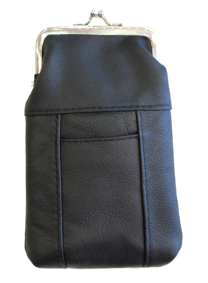 100's 120's 100% Genuine Leather Cigarette Case Lighter Pocket Kiss Lock Metal Twist Clasp Slim Durable -BLACK