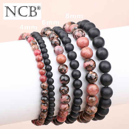NCB 2-Piece 4mm Natural Crystal Gemstone Stretch Bracelets – ﻿Pink Black Rhodonite, Matte Black Agate Handmade Reiki Energy Healing Jewelry for Meditation,Yoga, Unisex