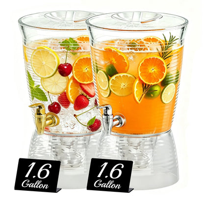 1.6 Gallon Drink Dispenser for Parties, 2 Pack Plastic Beverage Container with Stand for Counter Tops, for Tea,Drinks, Juice, Punch & Water Party Hosting