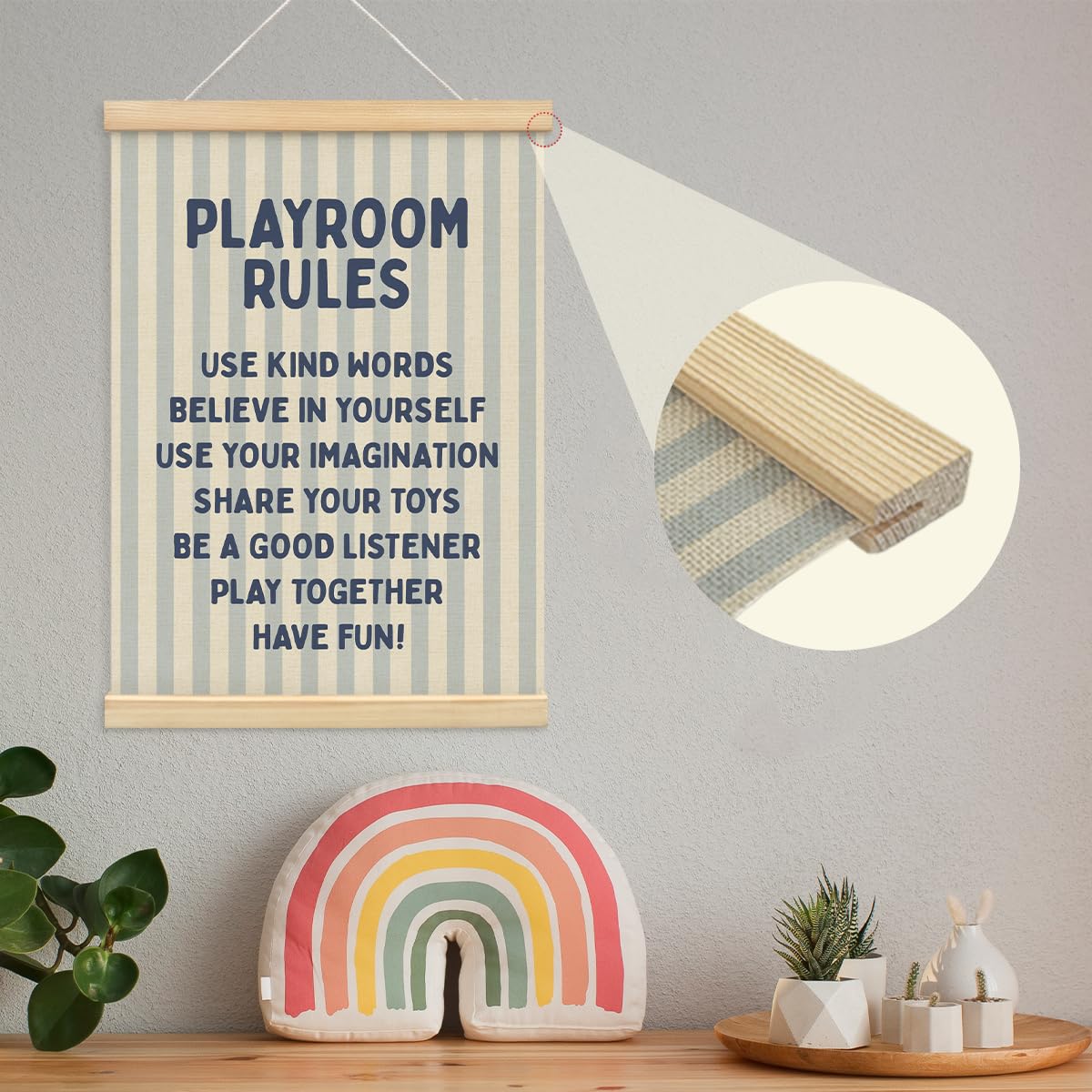 MOFUYU Playroom Wall Decor,Play Room Essentials,Nursery Playroom Rules Wall Art with Wooden Frames,Blue Poster Hanger Frame for Playroom Nursery Bedroom 12x16 Inch