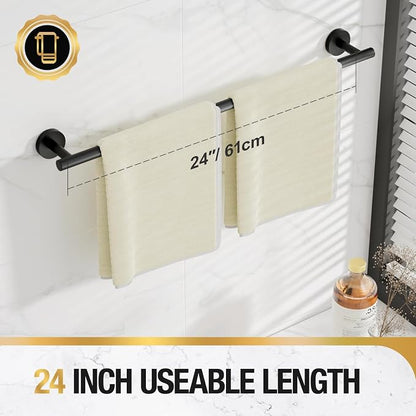 HITSLAM Matte Black 24 Inch Towel Bar for Bathroom, SUS304 Stainless Steel Bathroom Towel Rack Wall Mounted, Modern Home Decor Bath Towel Holder with Hardware Accessories (Total Length 25.7 Inch)