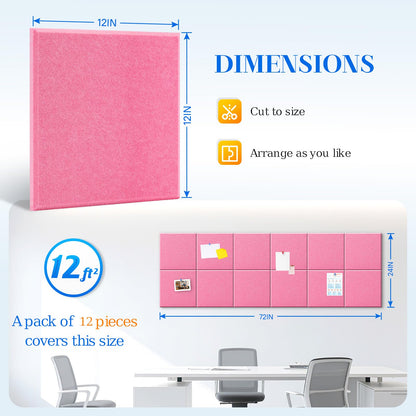 DOLLAR BOSS Large Cork Board for Wall 48" x 36" x 0.5" Pink Bulletin Board 12 Packs Corkboard Tiles Self Adhesive Felt Wall Tiles for Office Home School, Pink