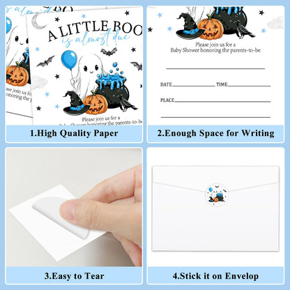 Smenudlli Blue A Little Boo Baby Shower Invitation, Halloween Invites Cards with Envelopes and Sticker (20 Pack), Cute Ghost Gender Reveal Party Decorations Supplies /22