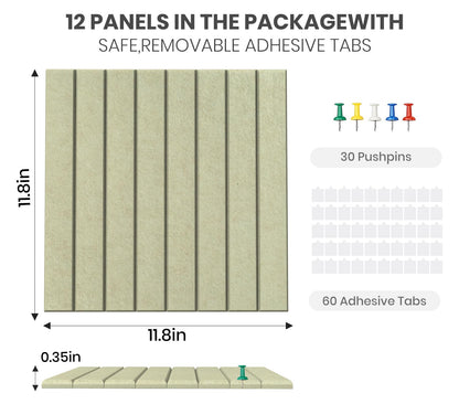 Large Cork Board Alternative 48” X 36” Felt Bulletin Board Tiles, with 30 Pushpins, 60 Adhesive Tabs,12-Pack Slat Wall Paneling, Cork Boards for Office Push Pin Board Felt Board - Sage