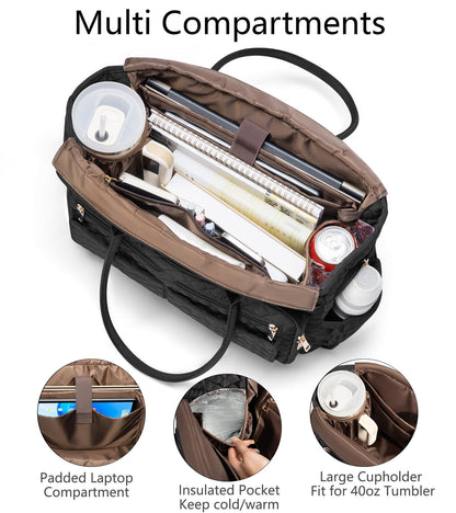 Teacher Tote Bags for Women, 15.6 inch Laptop Work Tote Nurse Bible Bag With Large Cup Holder & Insulated Pocket Quilted Shoulder Handbag Laptop Briefcase for Work, Daily, School, Travel, Gifts